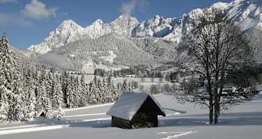 Verschneite Winterlandschaft in Ramsau am Dachstein, im Hintergrund das Dachstein-Massiv.