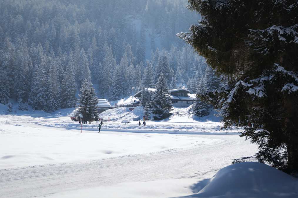 Blick auf die Wildmoosalm mit Langlaufloipe und Winterwanderweg