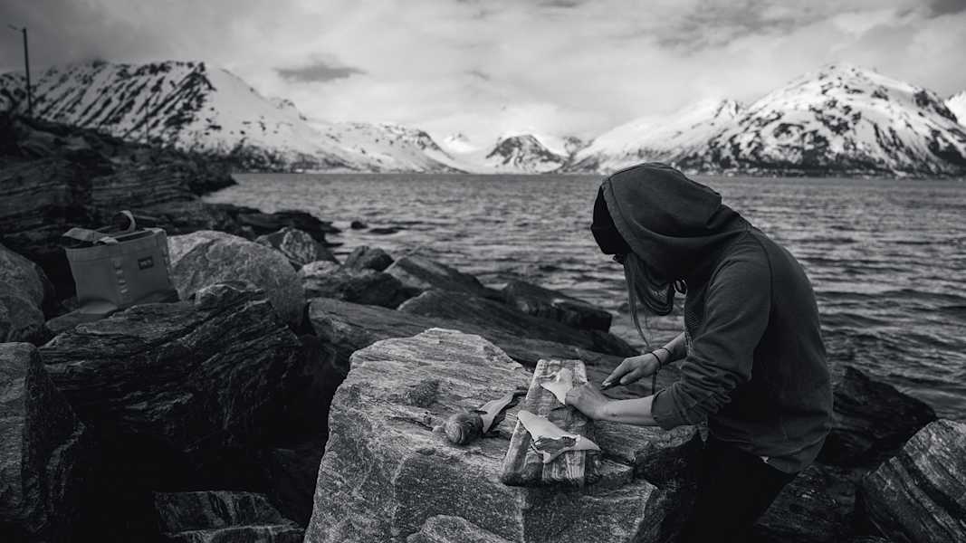 Person filetiert einen Fisch auf Felsen am Fjord, umgeben von schneebedeckten Bergen in Nord-Norwegen.