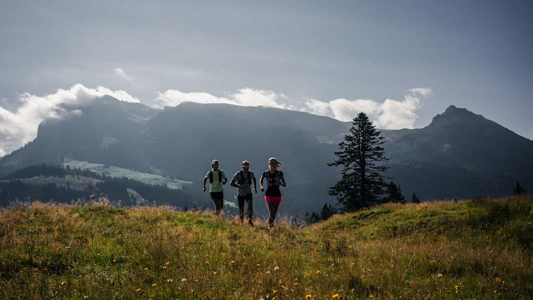 Drei Trailrunner laufen in Les Paccots über eine Wiese, im Hintergrund ein Berg.