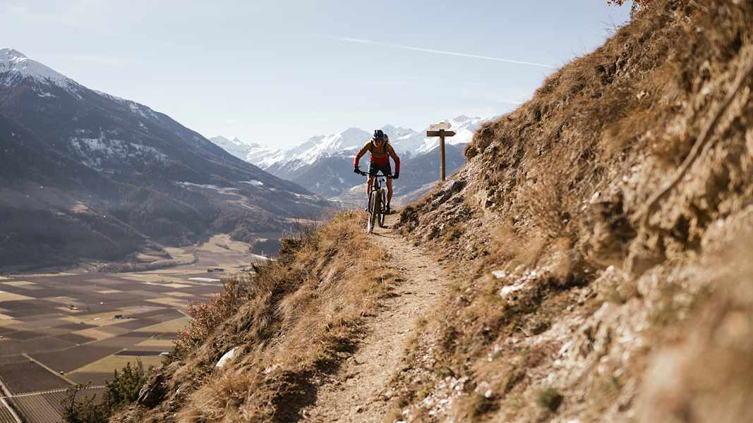 Mit der Herbstsonne im Rücken geht es am Vinschger Sonnenberg zwischen Kastelbell und Prad am Stilfserjoch schnell hinunter ins Tal.