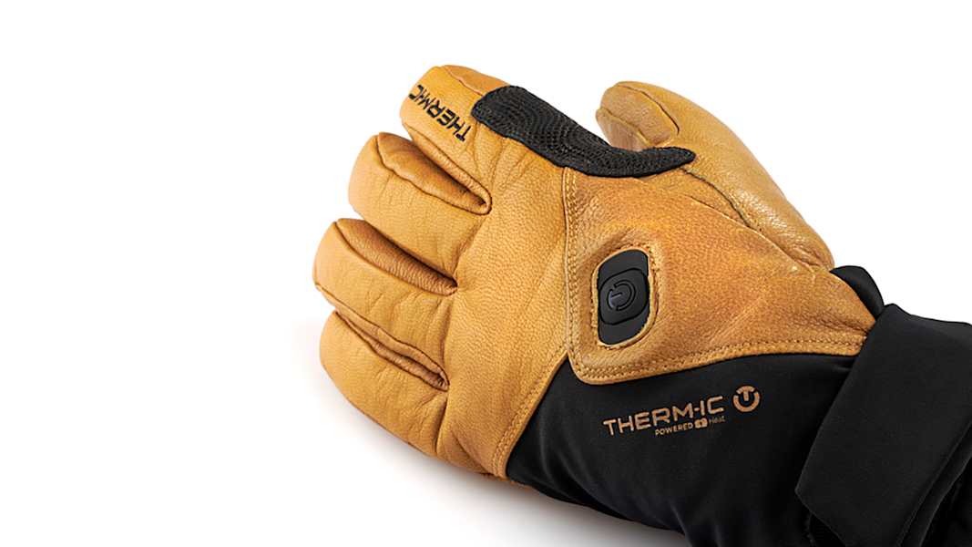 Nahaufnahme der Therm-ic Freeride Ultra Heat Lederhandschuhe – beheizbare Handschuhe aus robustem Ziegenleder mit innovativer Heiztechnologie.