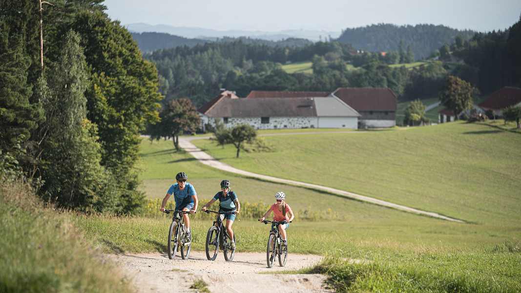 Mountainbiker und E-Biker auf einer ländlichen Schotterstraße im Mühlviertel, Oberösterreich, mit Blick auf Felder, Hügel und Bauernhof.