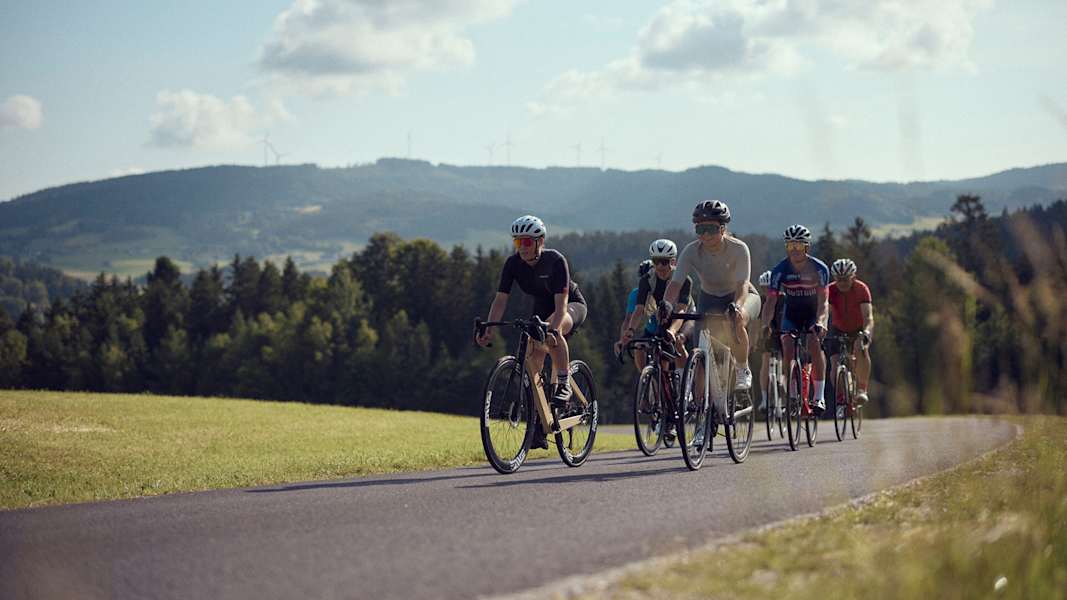 Eine Gruppe von Radfahrerinnen und Radfahrern fährt bei Sonnenschein auf einer Landstraße im Mühlviertel, umgeben von grünen Wiesen und Hügeln.