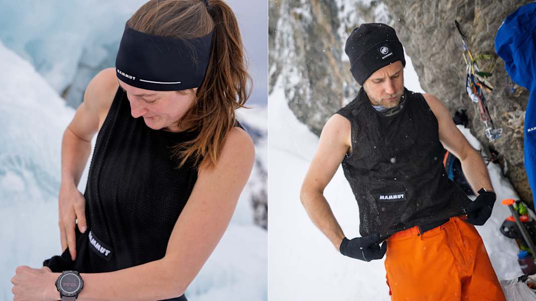 Eine Frau und ein Mann tragen die Die Eiger Nordwand FL Air Mesh Vest, der neuen Mammut-Kollektion.