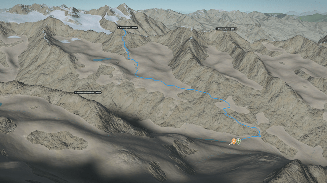 3D-Kartenausschnitt der Wanderung auf die Rinnenspitze.