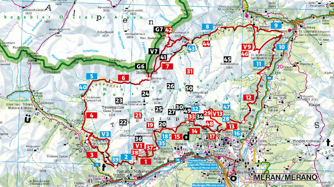 Übersichtskarte Meraner Höhenweg aus dem Rother Wanderführer „Meraner Höhenweg“.