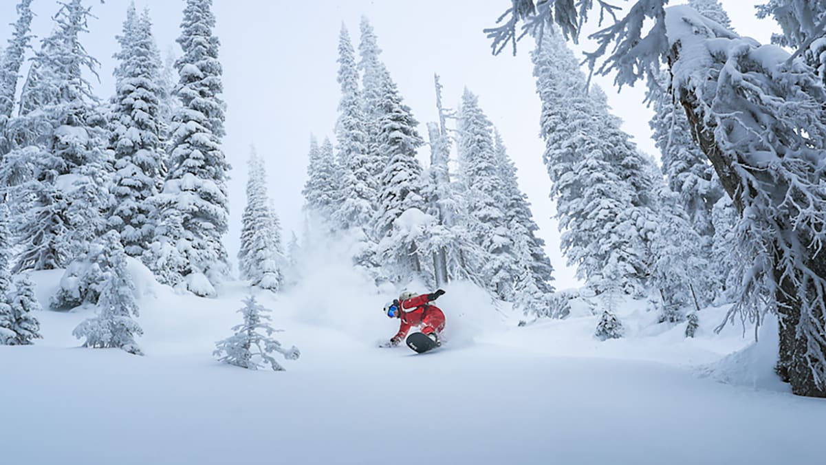 Eine Person fährt Snowboard im Wald im Winter in roter Ausrüstung.