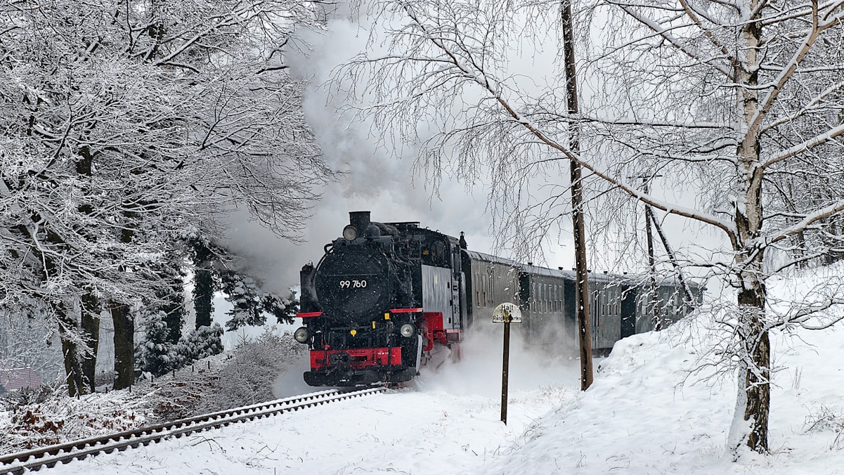 Eine Bahn auf Schienen durch einen verschneiten Wald in rot und schwarz.
