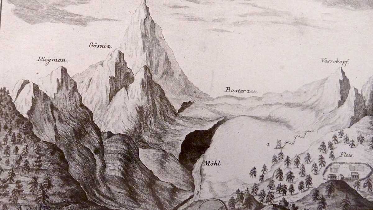 1782 - Die älteste Abbildung des Großglockners in der für damals typisch überzeichneten Form.