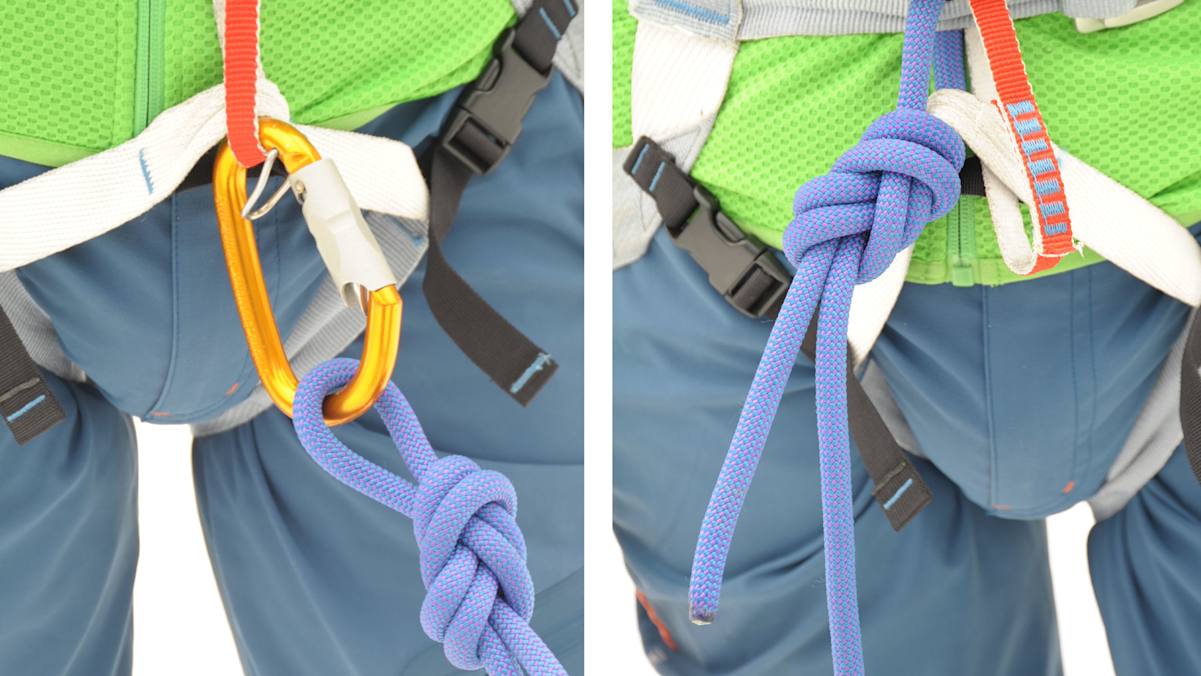 Anseilen: Mittels Verschlusskarabiner und Achterknoten (links) oder als Seilschaftserster und -letzter direkt mittels Achterknoten (rechts).