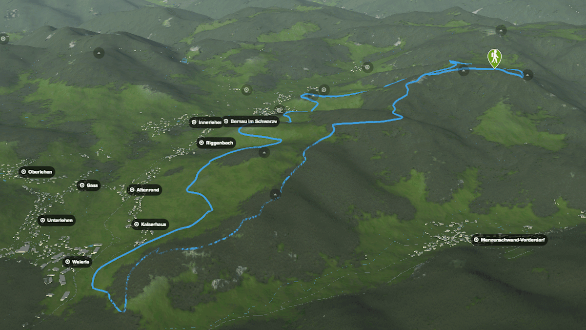 3D-Kartenausschnitt des Bernauer Hochtalsteigs im Hochschwarzwald in Baden-Württemberg