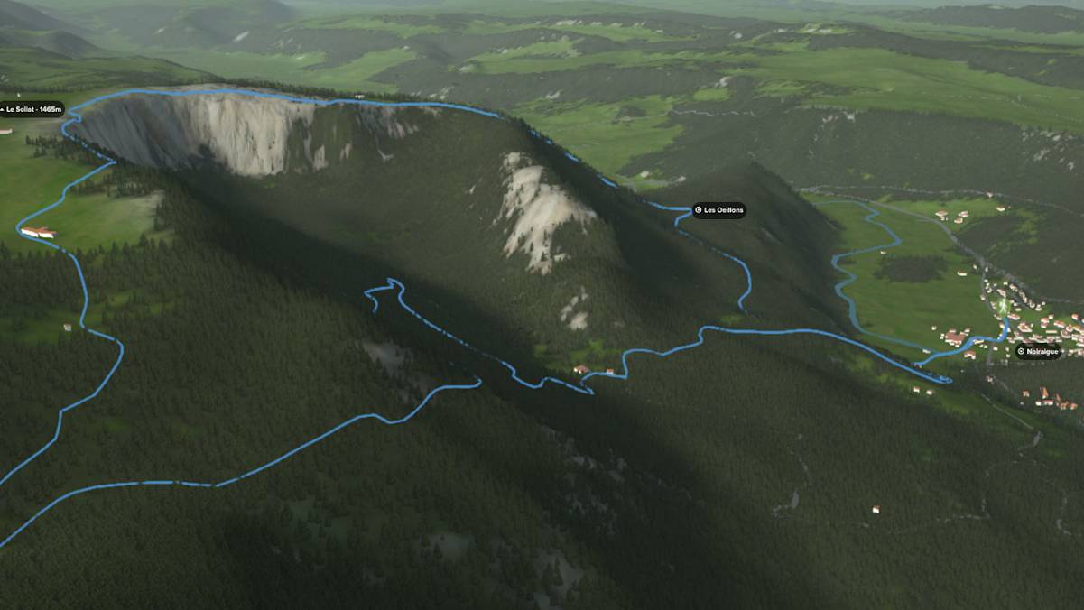 3D-Kartenausschnitt der Rundtour im Val-des-Travers in der Schweiz