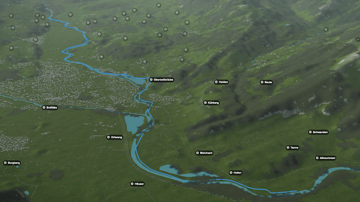 3D-Kartenausschnitt der Paddeltour auf der Iller in Bayern