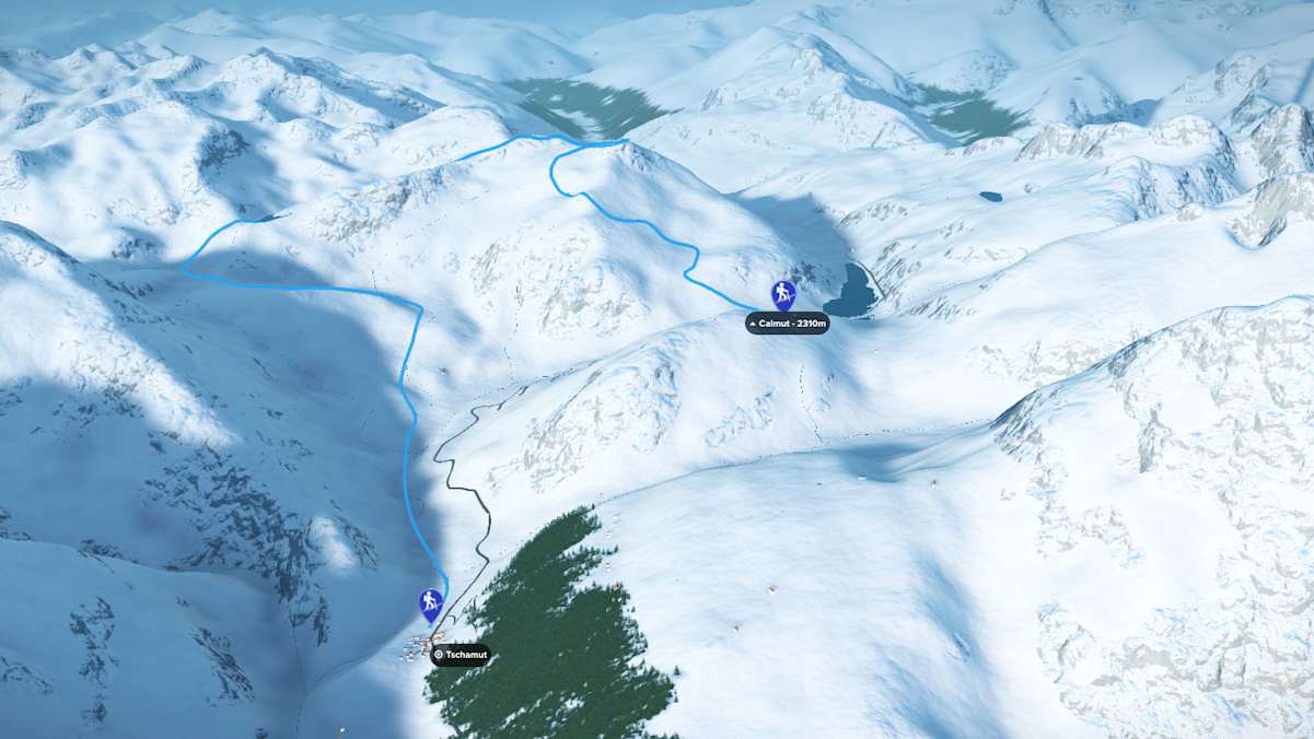 3D-Kartenausschnitt der Skitour auf den Pazolastock im Kanton Graubünden