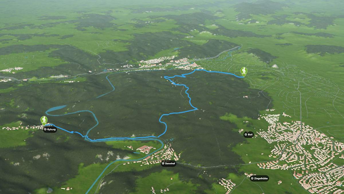 3D-Kartenausschnitt der Wanderung zum Schloss Kyburg bei Winterthur im Kanton Zürich