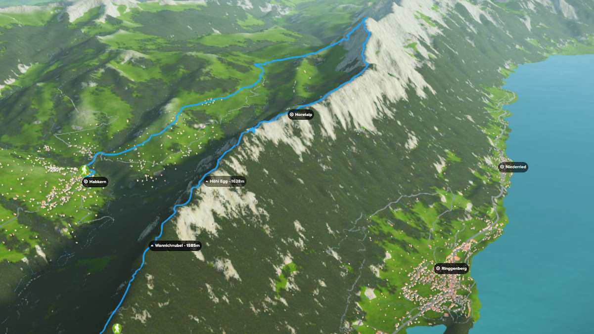3D-Kartenausschnitt der Gratwanderung in den Emmentaler Alpen hoch über Interlaken im Kanton Bern