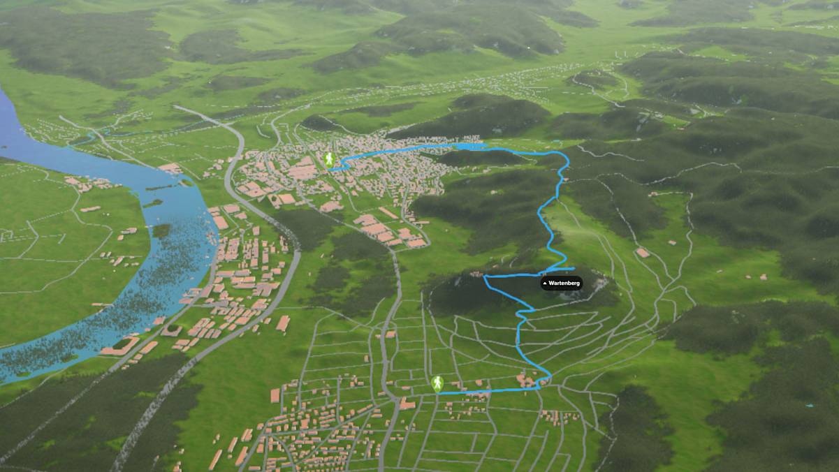 3D-Kartenausschnitt der Wanderung am Rebenlehrpfad von Muttenz nach Pratteln in Baselland