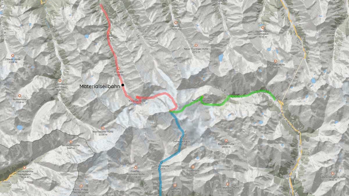 Karte mit Anstiegen auf den Großvenediger