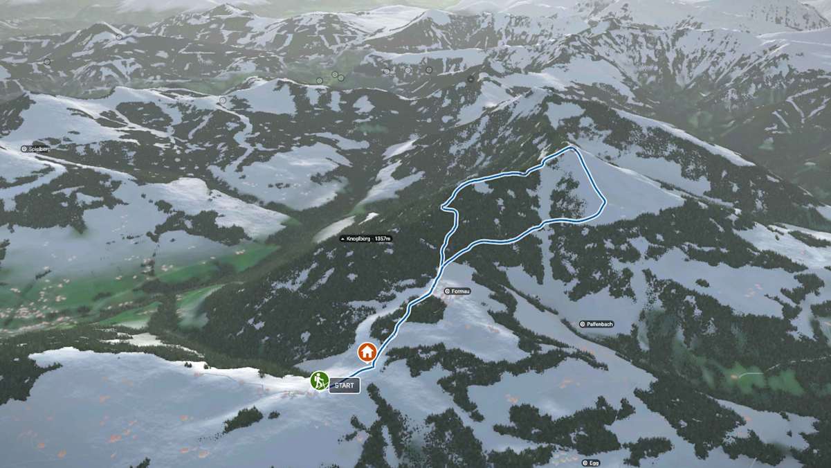 3D-Kartenausschnitt der Skitour auf den Schlenken (1.648 m) nahe der Stadt Salzburg