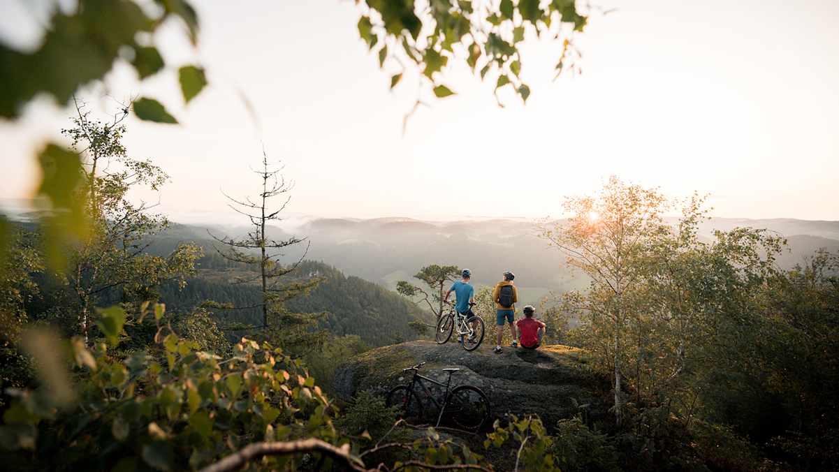 Gruppe von Radfahrern sitzt mit Blick über die Mühlviertler Hügel im Abendlicht.