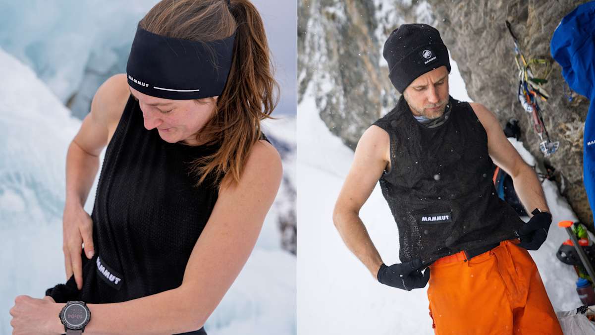 Eine Frau und ein Mann tragen die Eiger Nordwand FL Air Mesh Vest, der neuen Mammut-Kollektion.