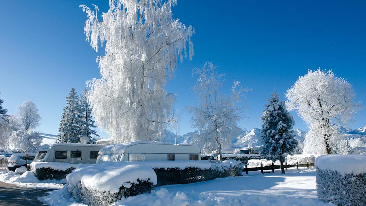 Der Campingplatz Hopfensee bei Füssen im Allgäu im Winter: Im Vordergrund eingeschneite Wohnwägen und Bäume, im Hintergrund eine Bergkulisse.