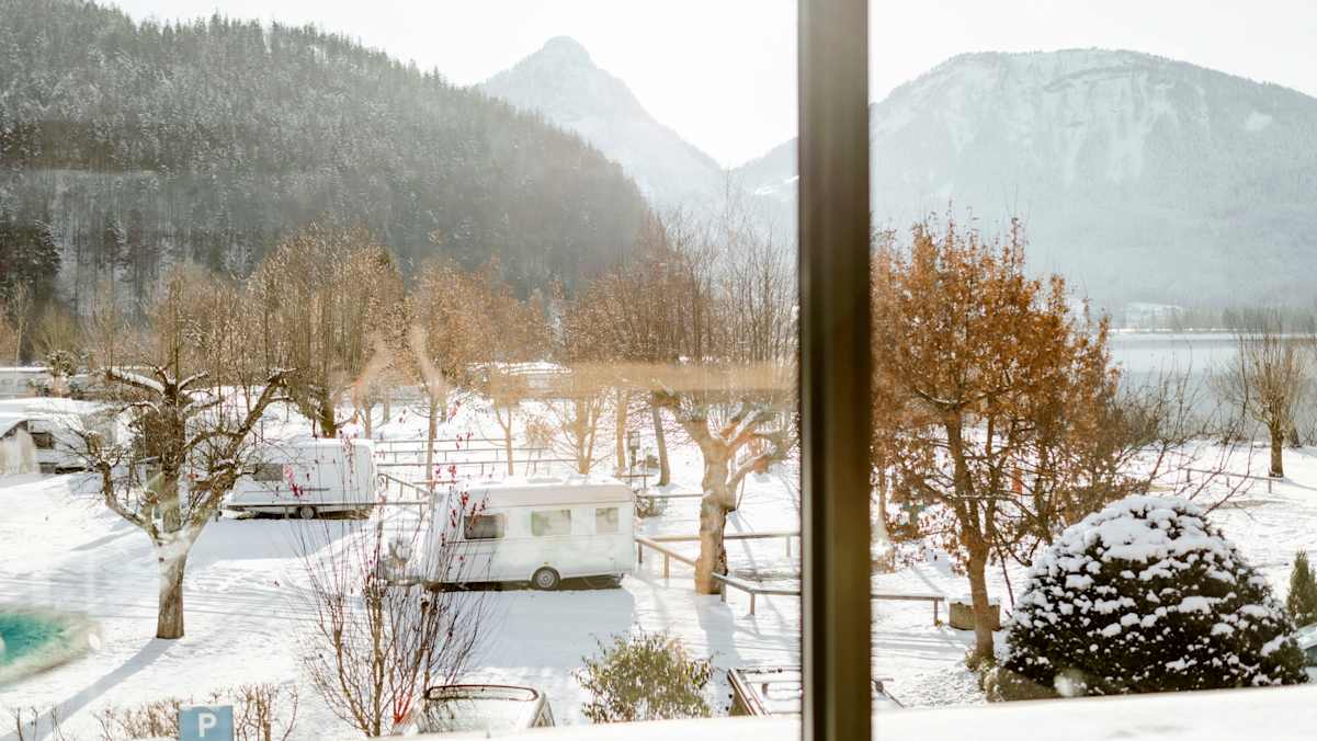 Blick von einem Haus auf den Camping Berau am Wolfgangsee. Im Vordergrund drei Campingwagen zwischen Bäumen, im Hintergrund eine Bergkulisse.