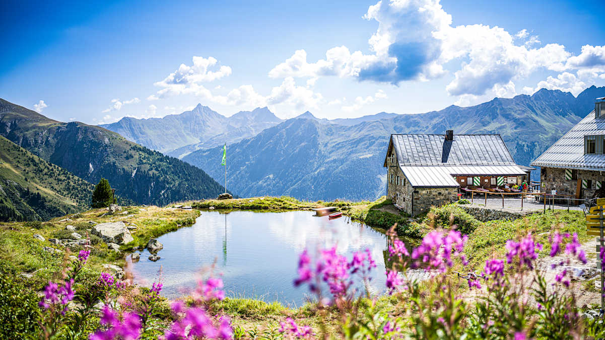 Eine idyllische Hütte in den Alpen.