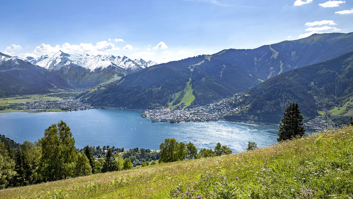 Gletscher, Berge, See – ein Sommer wie im Bilderbuch. Ein Panoramabild von Zell am See.