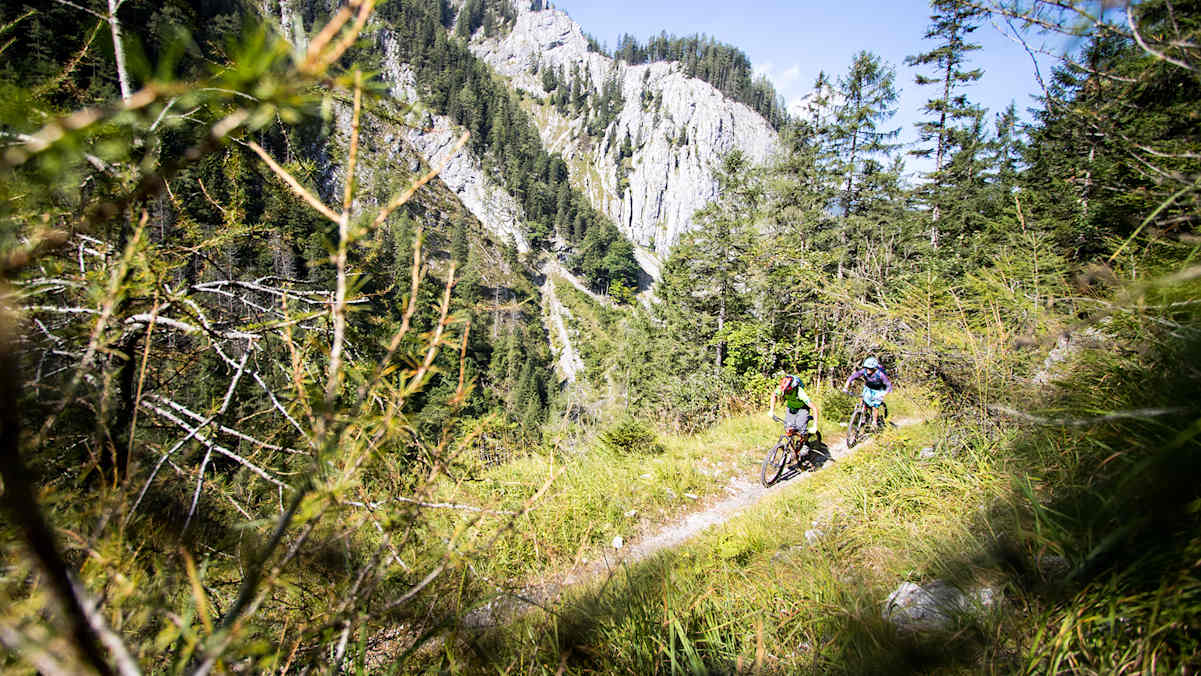 Zwei Mountainbiker fahren auf einem schmalen Singletrail durch eine alpine Landschaft mit Felsen, Bäumen und Bergkulisse in Oberösterreich.