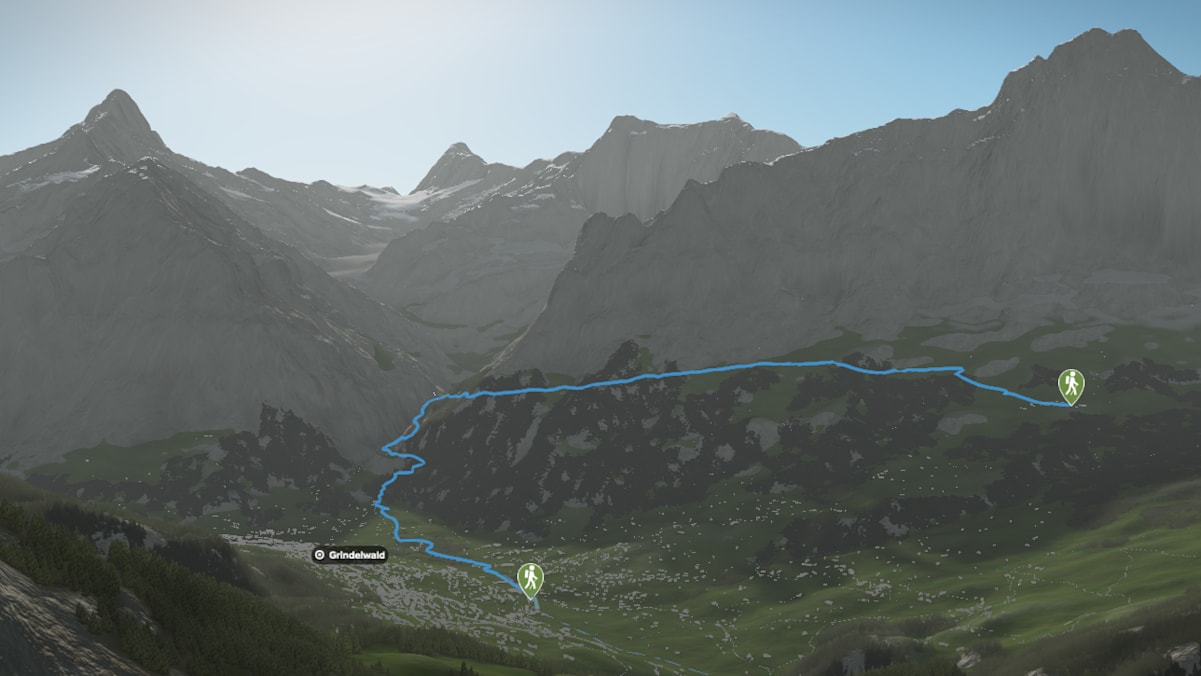 3D-Kartenausschnitt der Wanderung durch die Schlucht des Unteren Grindelwaldgletschers