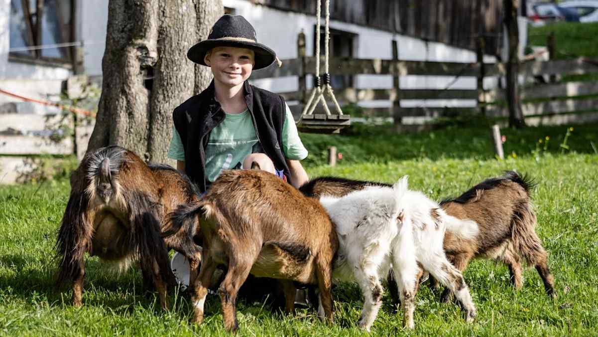 Ein Bub mit einem Hut sitzt in der Wiese, umringt von Ziegen.