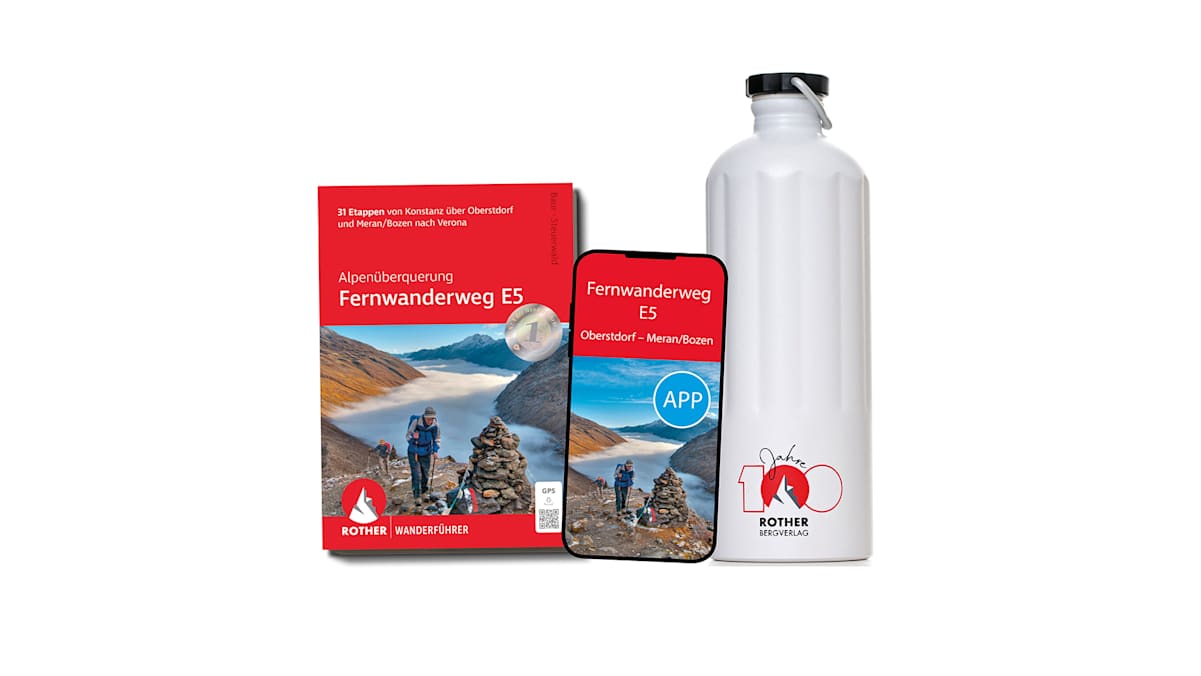 Mit dem Fernwanderweg E5 Wanderführer vom Rother Bergverlag und der SIGG-Trinkflasche bist du für die Alpenüberquerung bestens gerüstet.