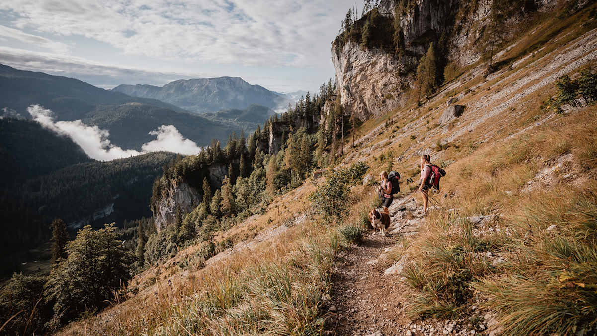 Zwei Wanderer mit Hund bei einer herbstlichen Wanderung im Toten Gebirge