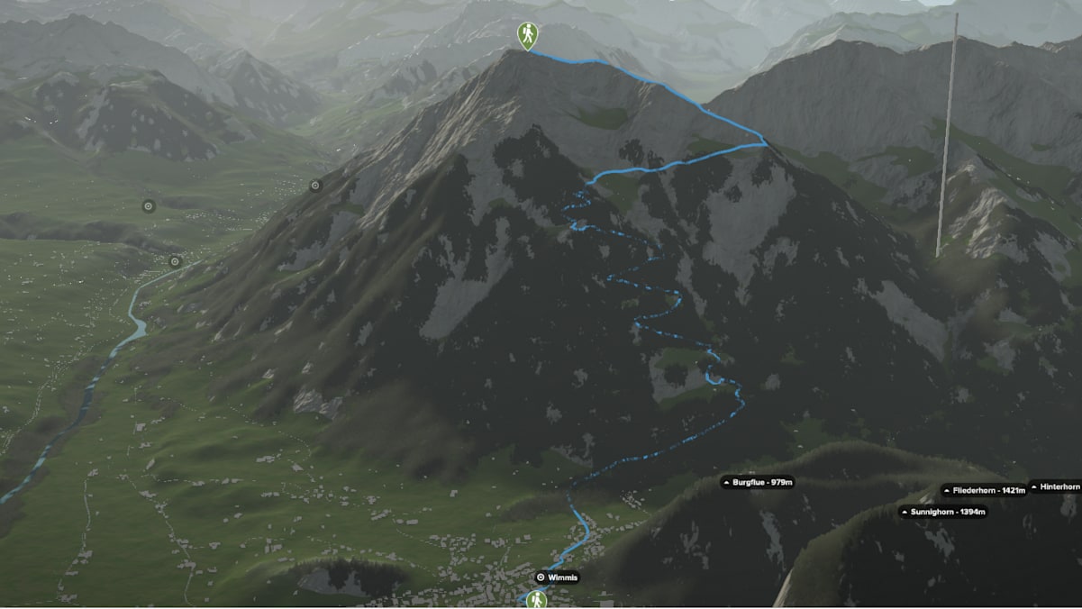 3D-Kartenausschnitt der Wanderung von Wimmis auf den Niesen (2.362 m)