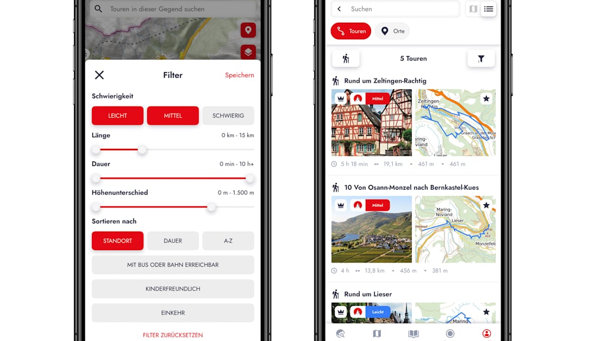 Mit der Rother App können Touren nach z. B. Schwierigkeit und Länge gefiltert werden und individuelle Tourenlisten angelegt werden.
