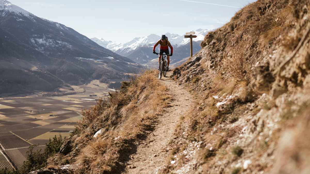 Mit der Herbstsonne im Rücken geht es am Vinschger Sonnenberg zwischen Kastelbell und Prad am Stilfserjoch schnell hinunter ins Tal.