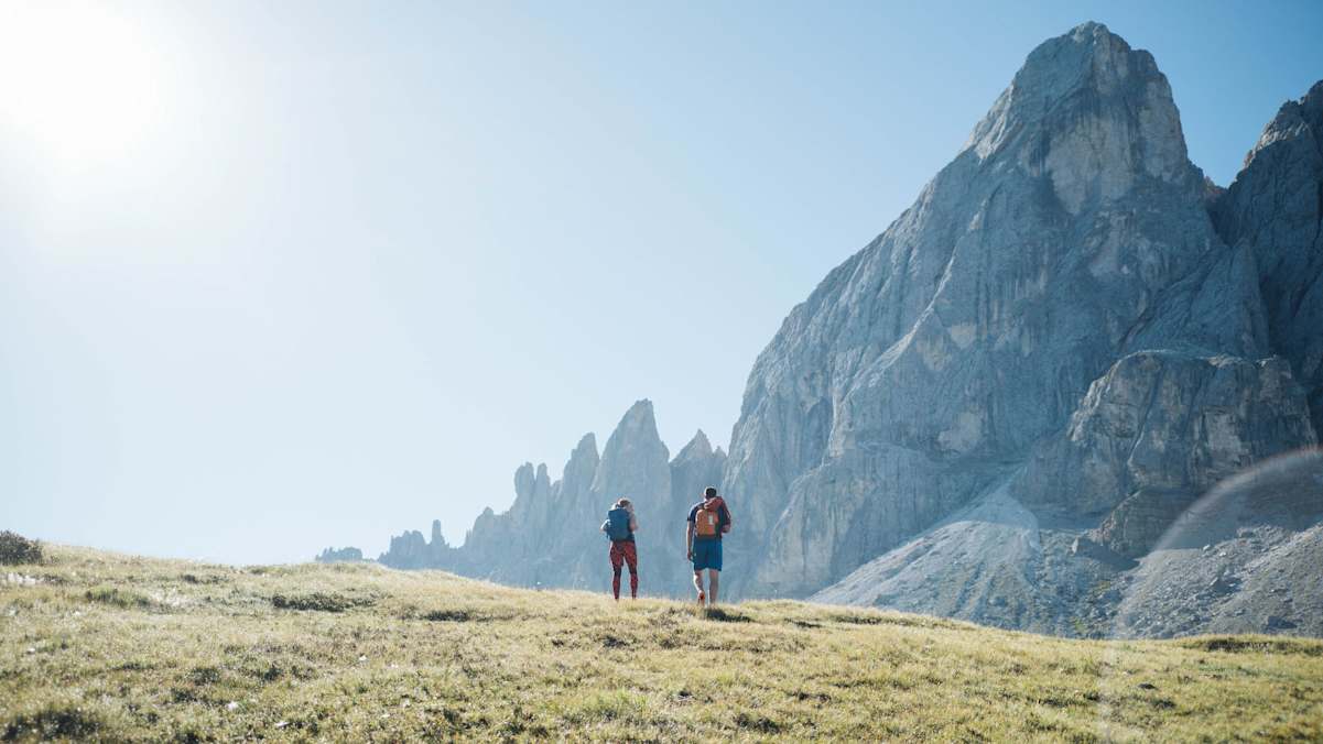 Idyllische Almwiesen am Würzjoch, darüber thront die Nordwand des Peitlerkofels (2.875 m).