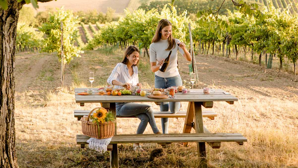 Genussvoller Zwischenstopp: In den Weinbergen locken Heurigen, Restaurants und Picknickplätze mit regionalen Köstlichkeiten und romantischem Flair.