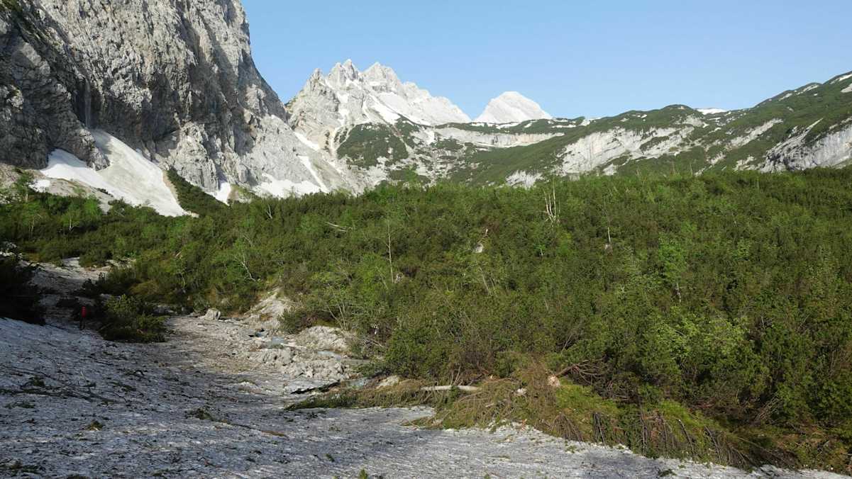 Blick Richtung Gatterl, Gatterlköpfe und Östliche Plattspitze kurz oberhalb der Reintalangerhütte (1.370 m).