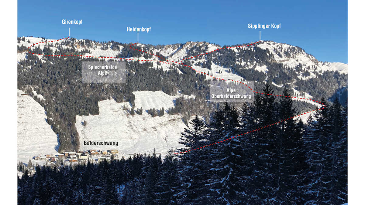 Übersicht Skitour Alpe Oberbalderschwang und Gipfelziele ausgehend von der Alpe.