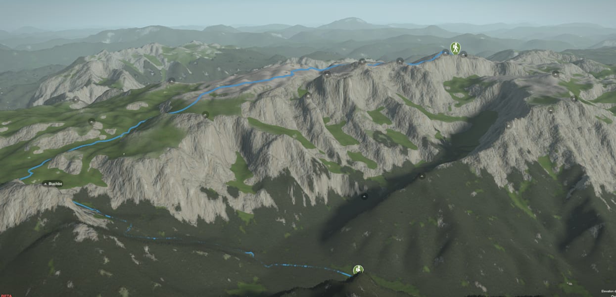 3D-Kartenausschnitt der Etappe 2 vom Schiestlhaus auf den Hochschwab und zurück nach Seewiesen