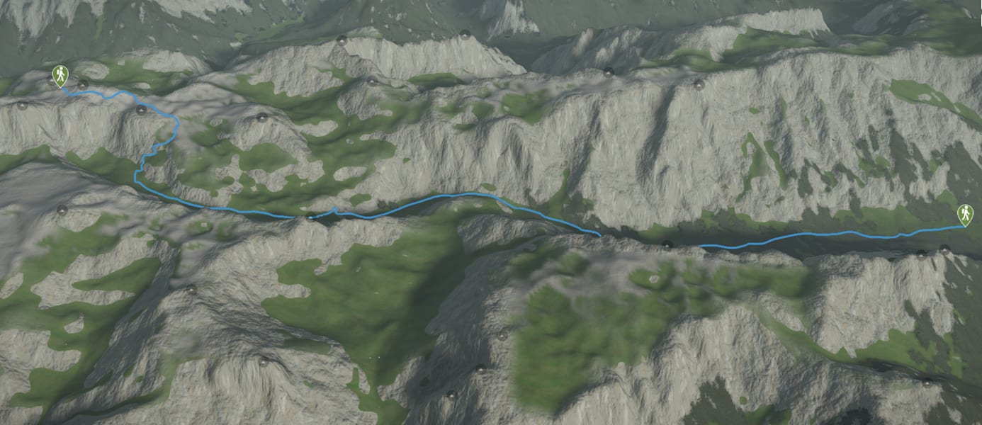 3D-Kartenausschnitt der Etappe 1 von Seewiesen zum Schiestlhaus