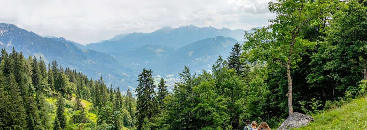 Bergsteiger auf einem Wanderweg im Wald.