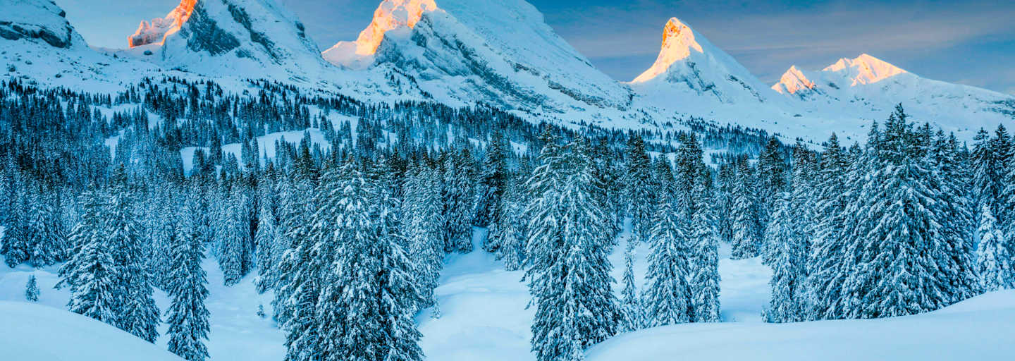 Ausblick in Toggenburg auf die winterlichen Gipfel der Churfirsten, St. Gallen