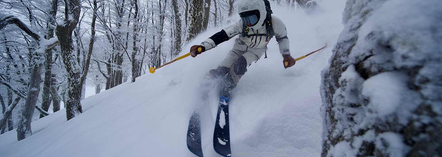 Freerider im Tiefschnee zwischen winterlichen Bäumen.
