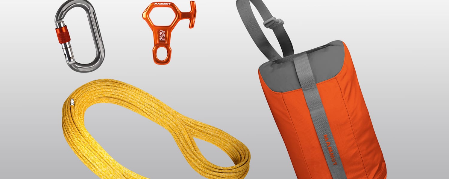 Das Mammut Rappel Kit mit Seil, Absicherungsgerät und Karabiner.
