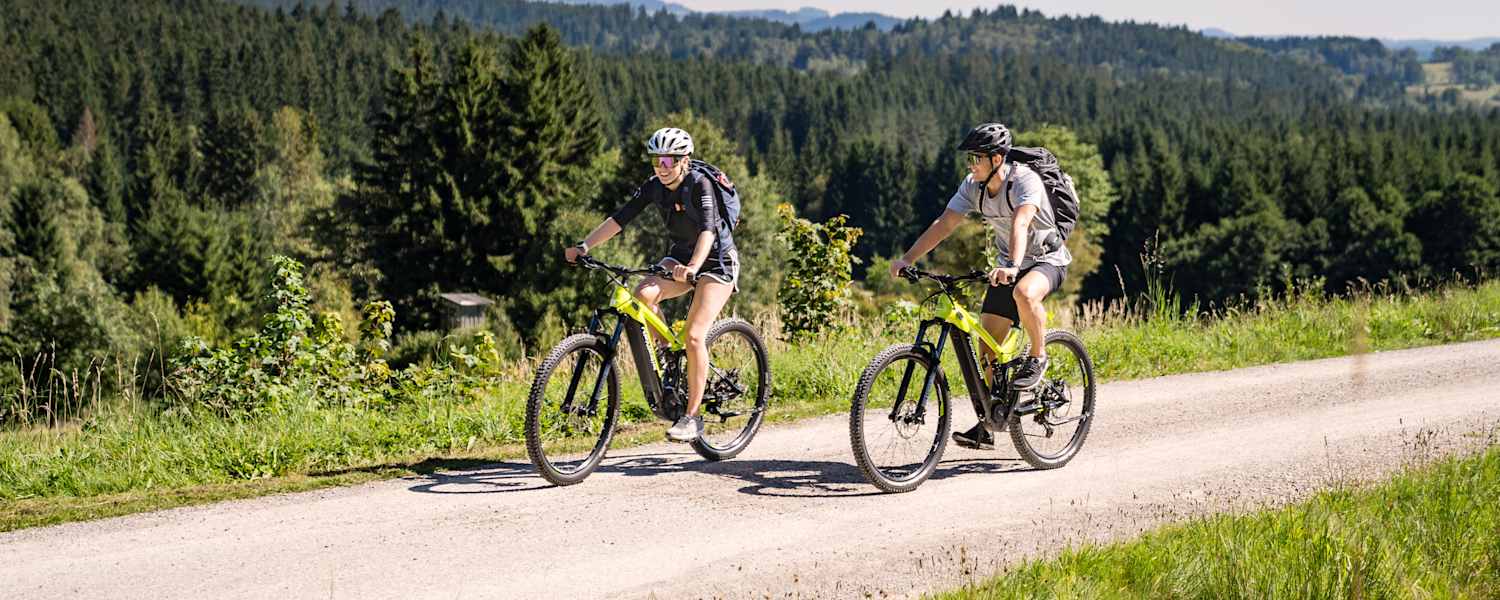 Eine Frau und ein Mann fahren im Mühlviertel auf zwei Mountainbikes eine Straße entlang.