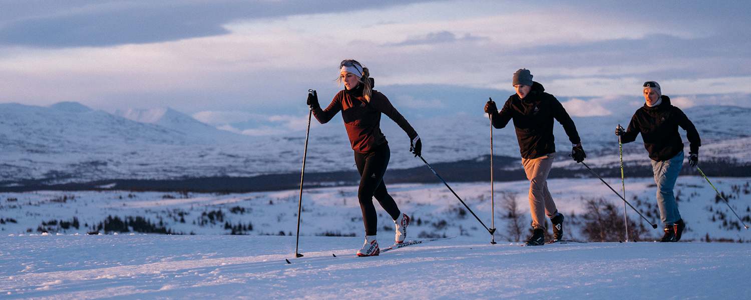 Drei Personen üben die nordische Disziplin Langlaufen aus